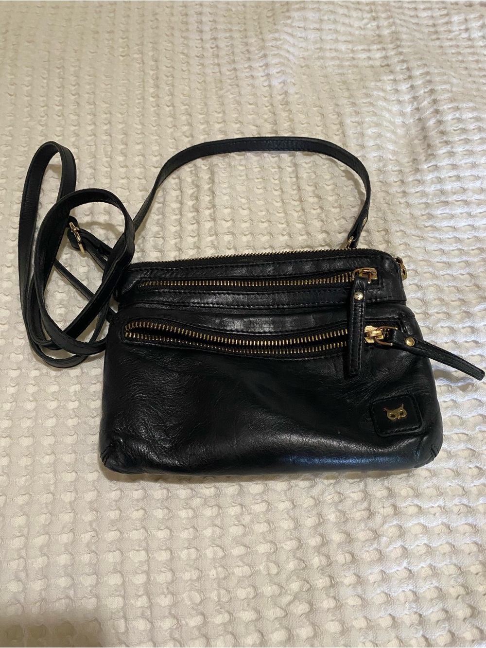 Black Leather Crossbody Bag with Gold Hardware